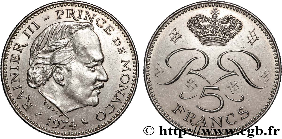 MONACO 5 Francs Rainier III 1974 Paris AU 