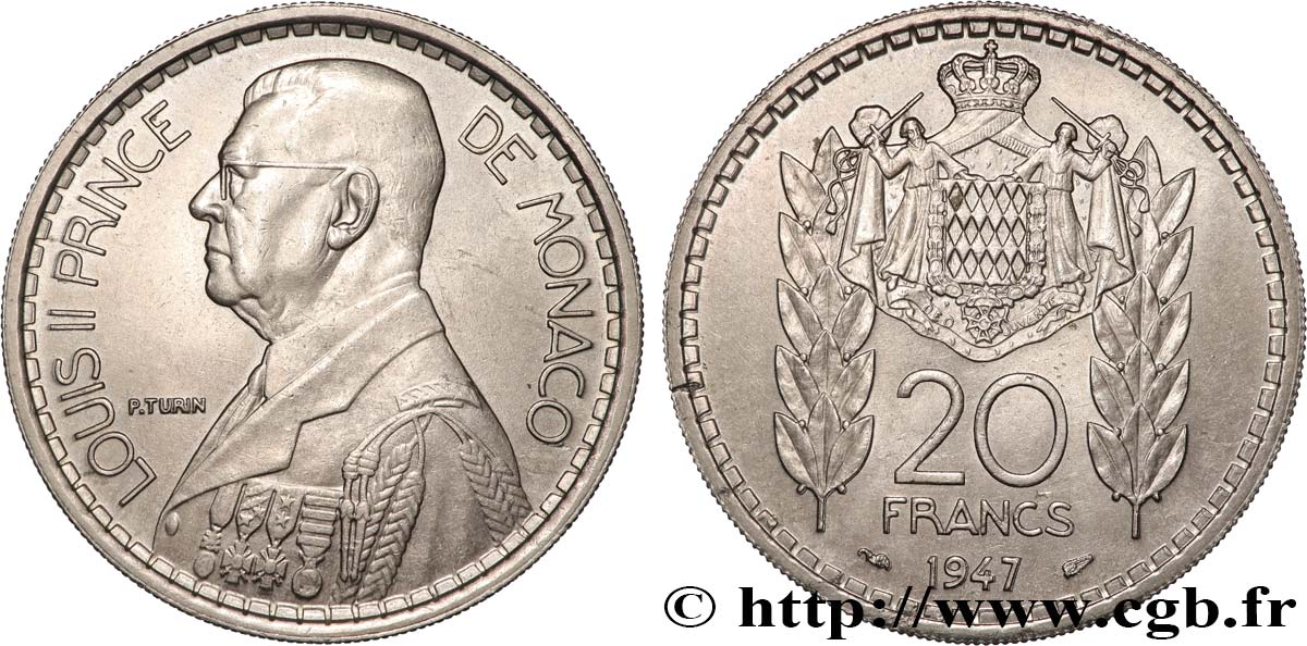 MONACO 20 Francs prince Louis II 1947 Paris AU 