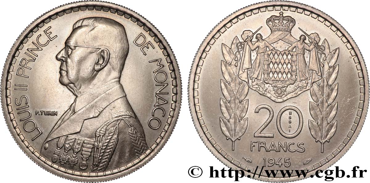 MONACO Essai de 20 Francs Turin Louis II 1945 Paris SPL 