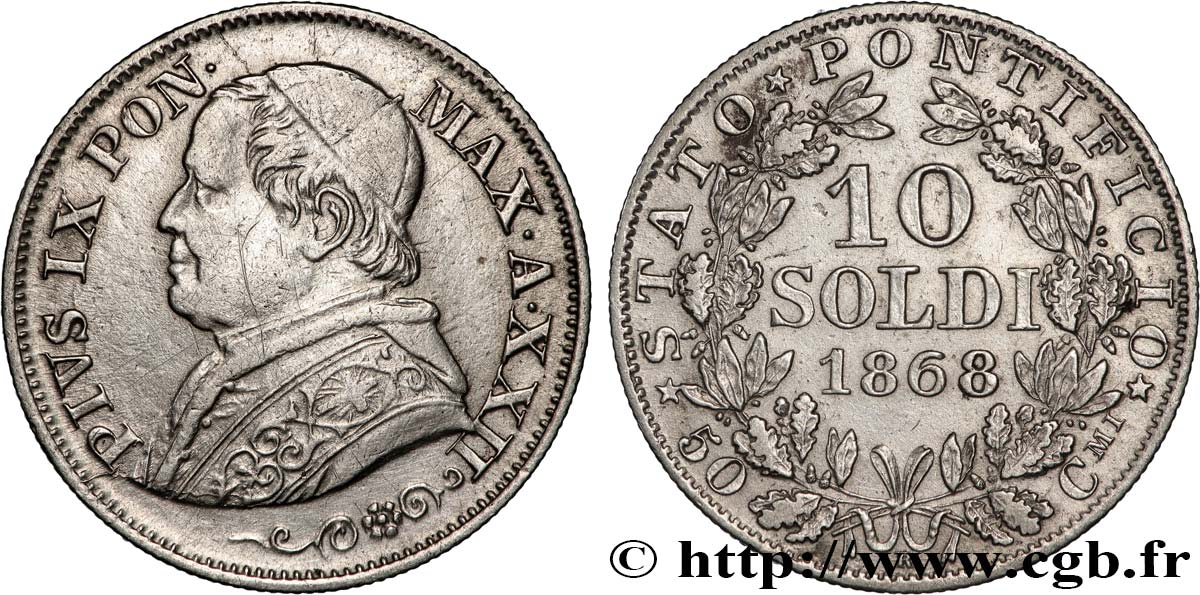 VATICAN ET ÉTATS PONTIFICAUX 10 Soldi (50 Centesimi) Pie IX an XXII 1868 Rome TTB+ 