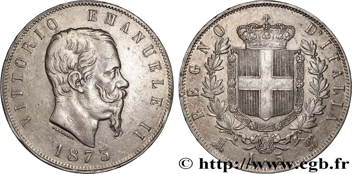 ITALY 5 Lire Victor Emmanuel II 1873 Milan XF 