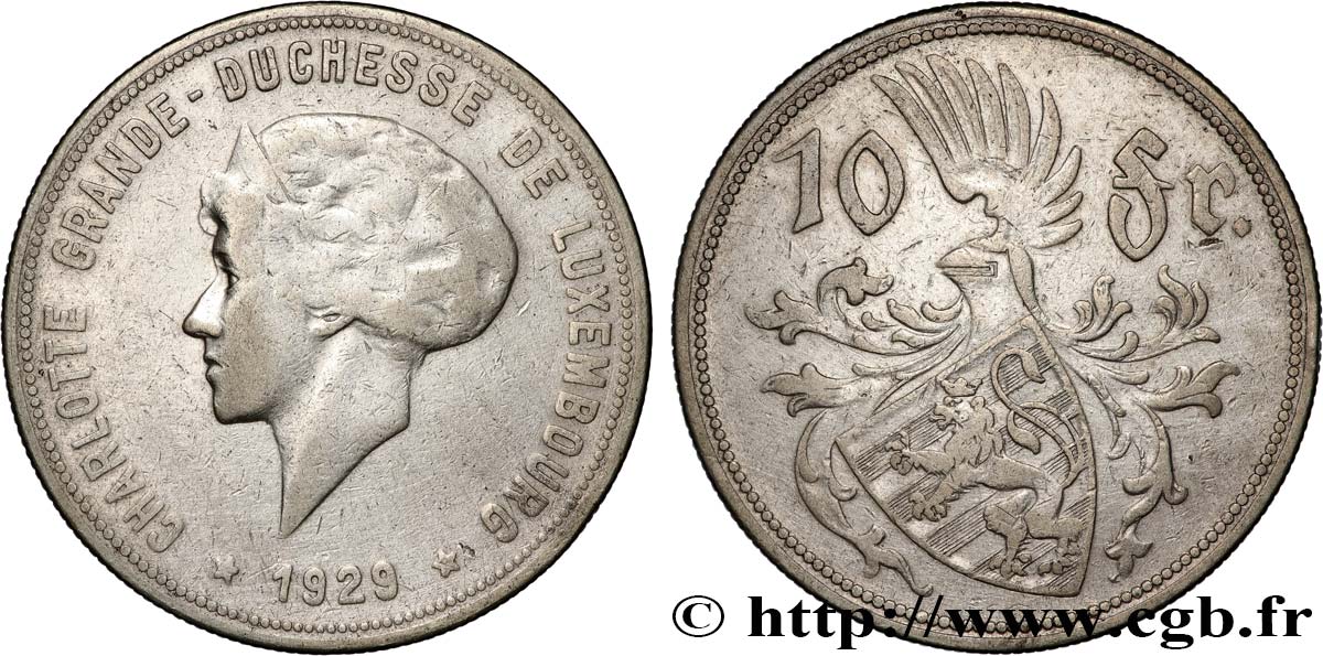 LUXEMBURG 10 Francs Princesse Charlotte 1929  fSS 