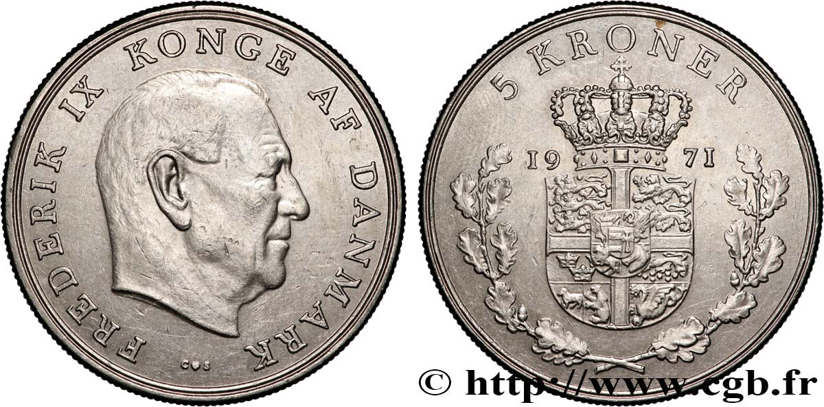 DENMARK 5 Kroner Frédéric IX 1971 Copenhague AU 