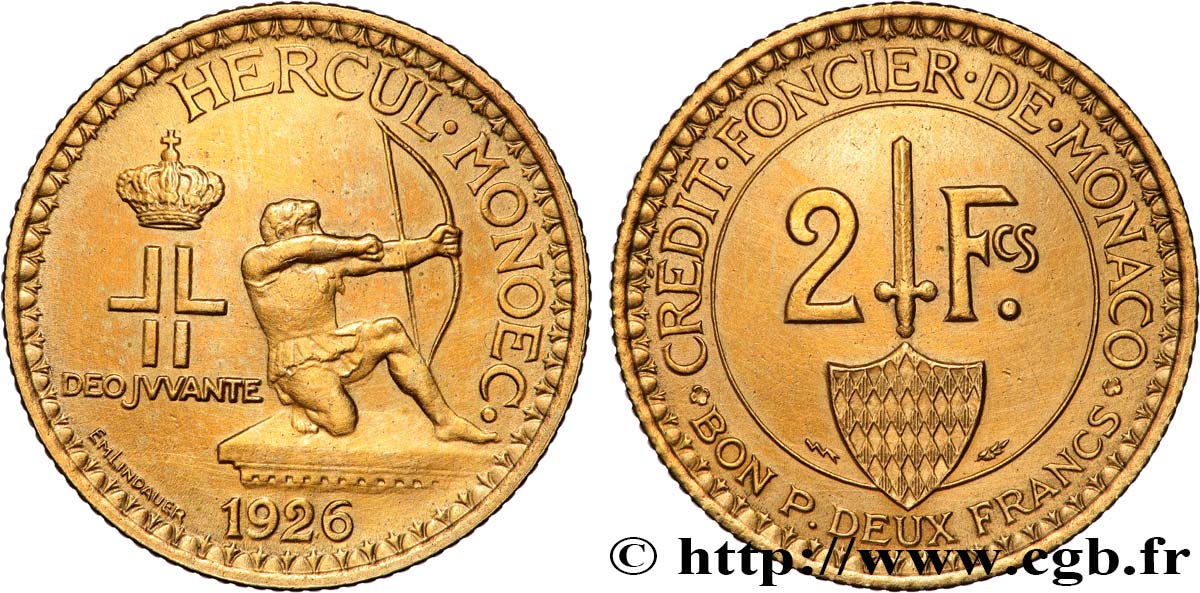 MONACO 2 Francs émission du Crédit Foncier de Monaco 1926 Poissy SUP 