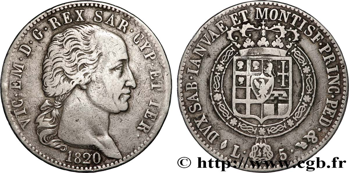 ITALY - KINGDOM OF SARDINIA - VICTOR-EMMANUEL I 5 Lire 1820 Turin VF 