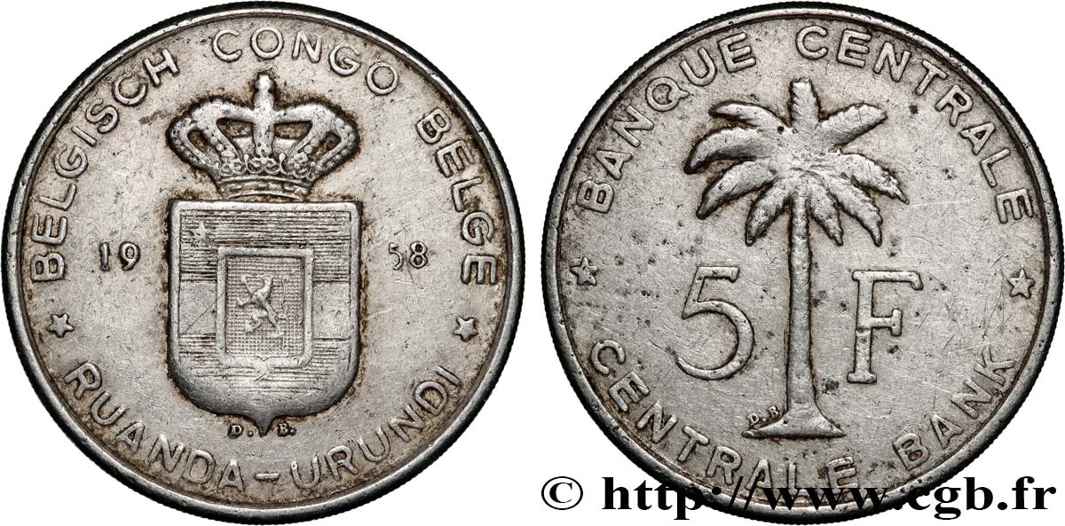 CONGO BELGA 5 Francs Banque Centrale Congo Belge-Ruanda-Urundi 1958  MB 