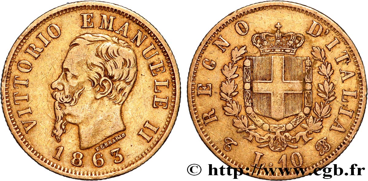 ITALY - KINGDOM OF ITALY - VICTOR-EMMANUEL II 10 Lire 1863 Turin VF 