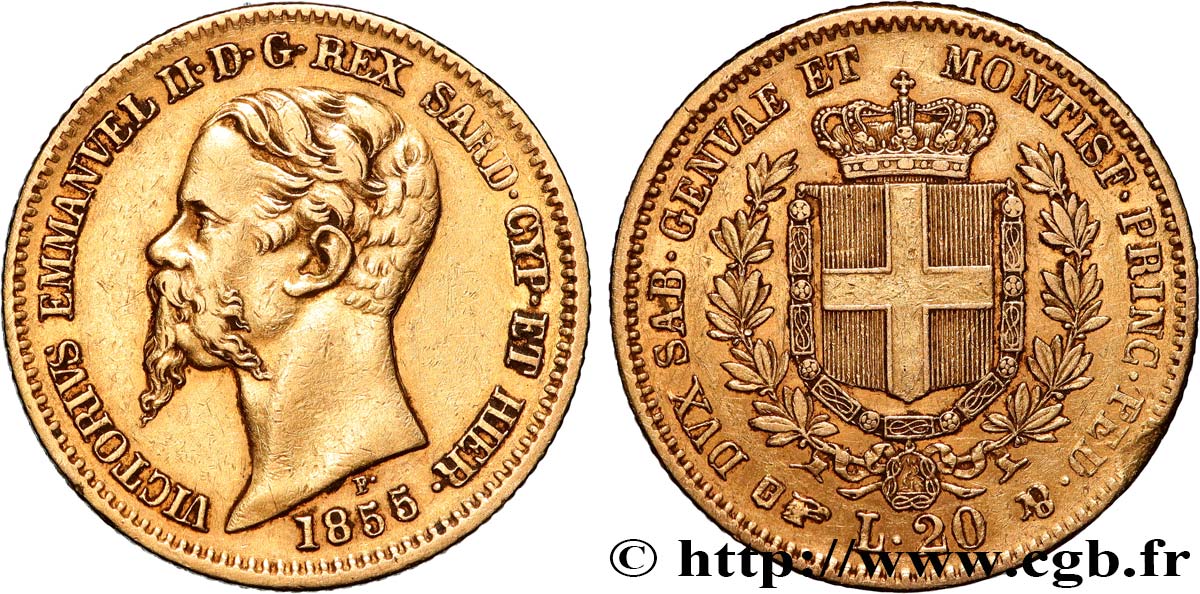 ITALY - KINGDOM OF SARDINIA - VICTOR-EMMANUEL II 20 Lire  1855 Turin XF 