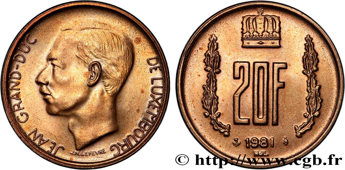 LUXEMBOURG 20 Francs Grand Duc Jean 1981  AU 