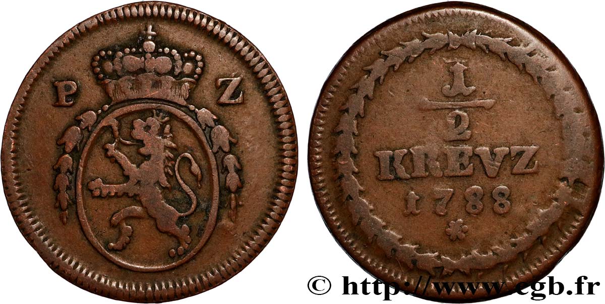 GERMANY - PALATINATE-ZWEIBRÜCKEN 1 Kreuzer Charles II Auguste duché de Palatinat-Deux-Ponts 1788  VF 