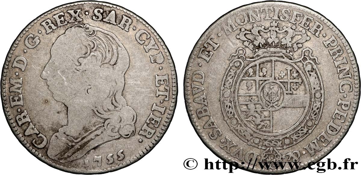 ITALIE - ROYAUME DE SARDAIGNE - CHARLES-EMMANUEL III Quarto di (1/4) Scudo 1755 Turin TB 