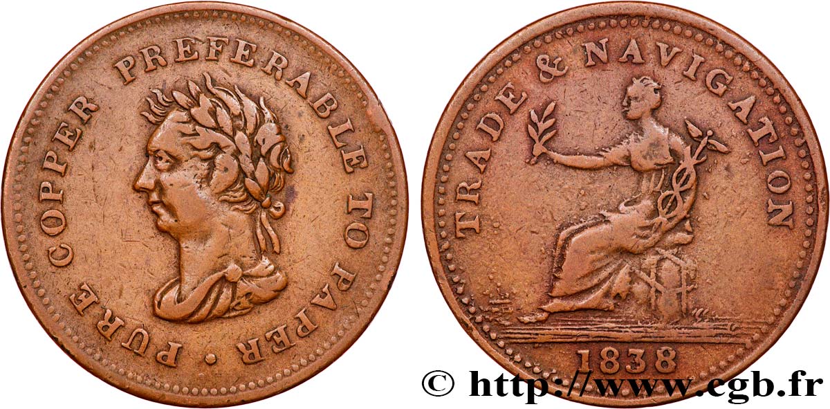 REINO UNIDO (TOKENS) 1 Penny - Trade Navigation (Canada) 1838  BC+ 