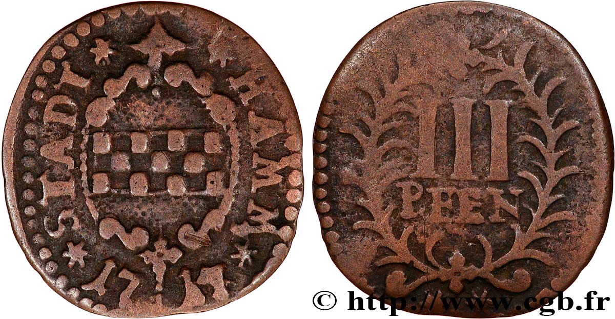 ALLEMAGNE - HAMM 3 Pfennig 1717  TB 