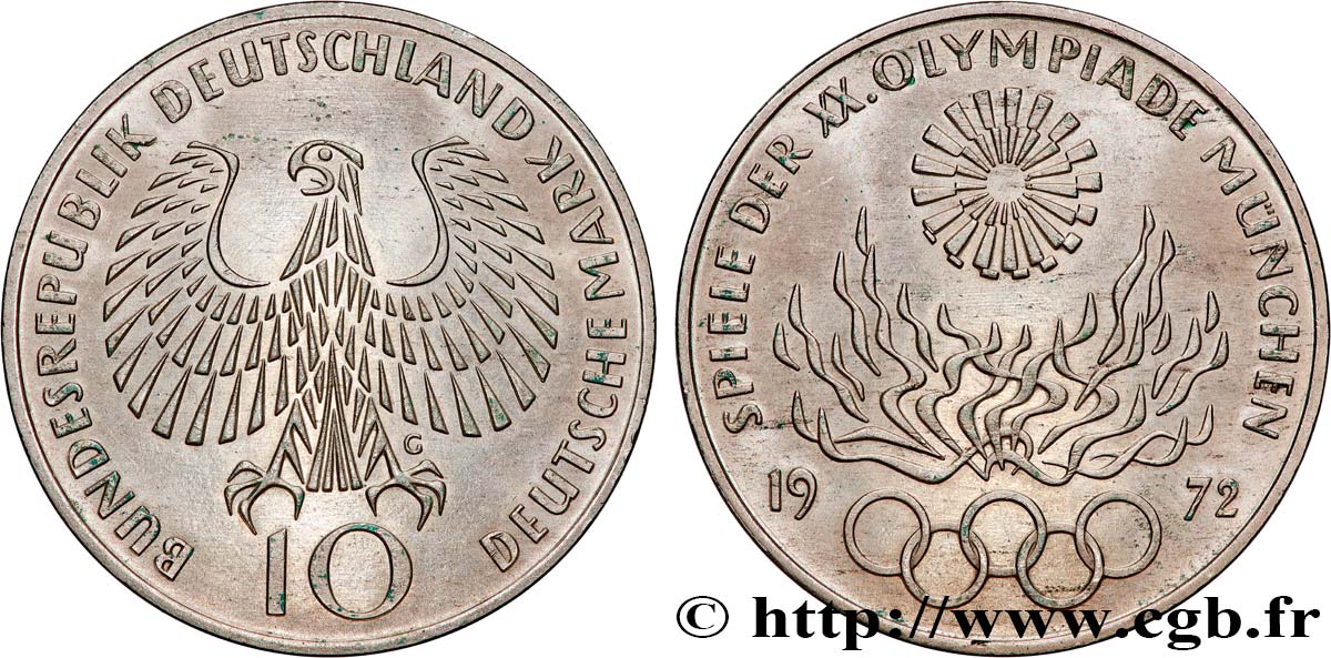ALLEMAGNE 10 Mark XXe J.O. Munich - Flamme olympique 1972 Karlsruhe SUP 