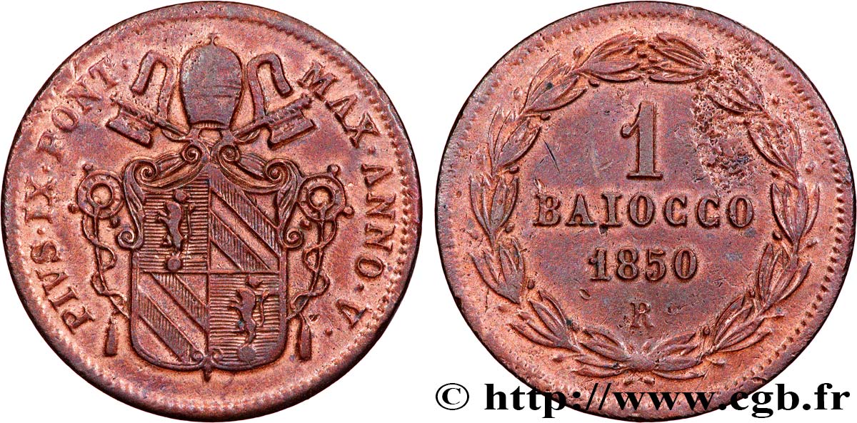 ITALY - PAPAL STATES - PIUS IX (Giovanni Maria Mastai Ferretti) 1 Baiocco an V 1850 Rome XF 