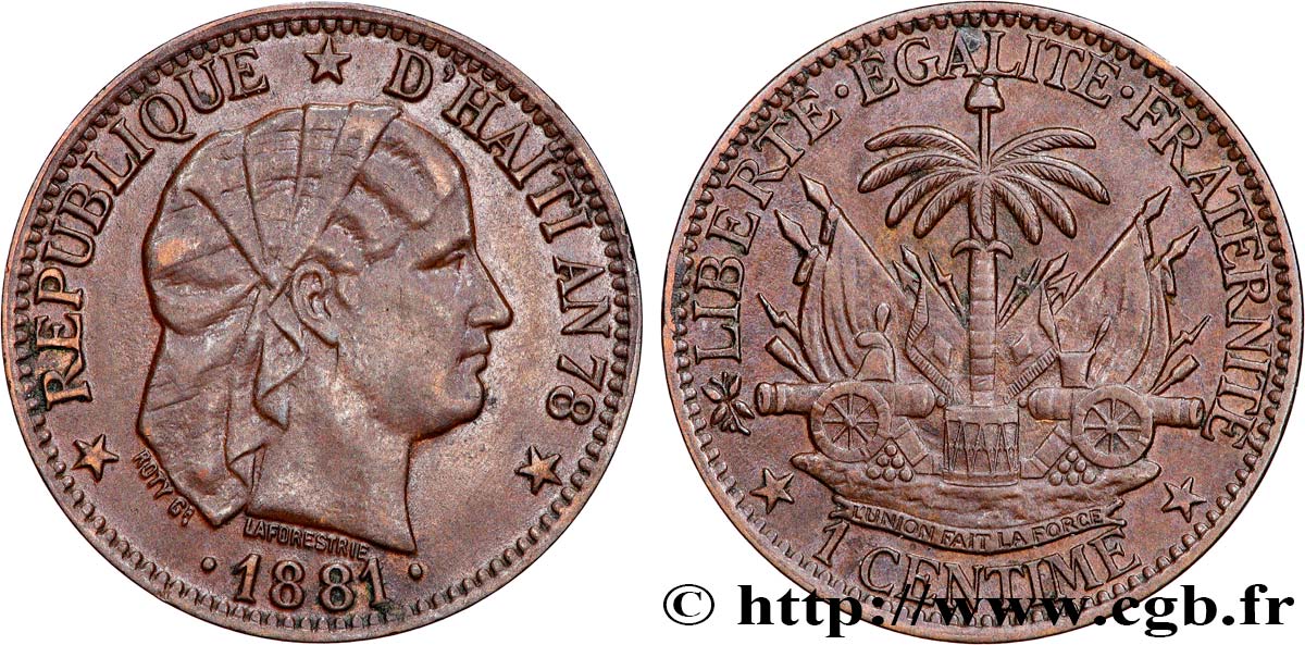 HAITI 1 Centime an 78 emblème “Liberté créole” de Roty 1881 Paris MBC 