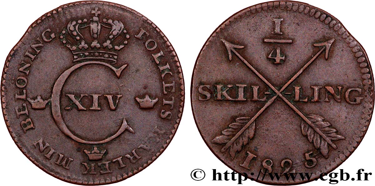 SUÈDE 1/4 Skilling Monogramme de Charles XIV 1825  TTB 