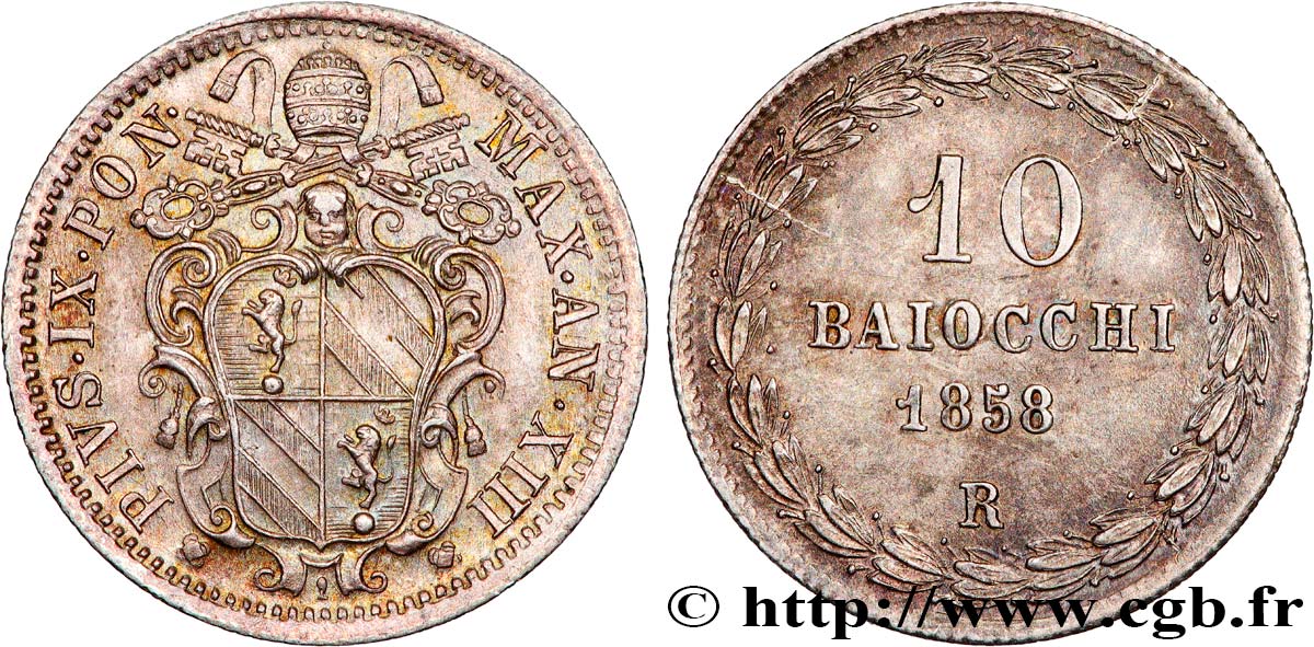 VATICAN ET ÉTATS PONTIFICAUX 10 Baiocchi Pie IX 1858  Rome SUP 