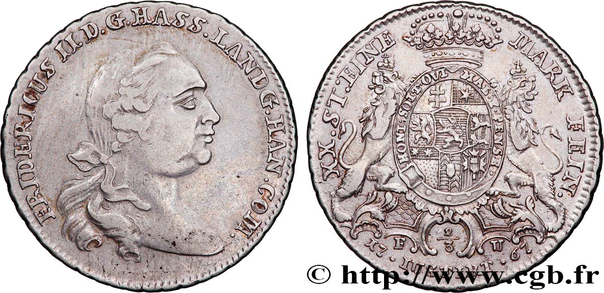 GERMANY - PRINCIPALITY OF HESSE-CASSEL - FREDERICK II 2/3 Thaler 1767 Cassel XF 