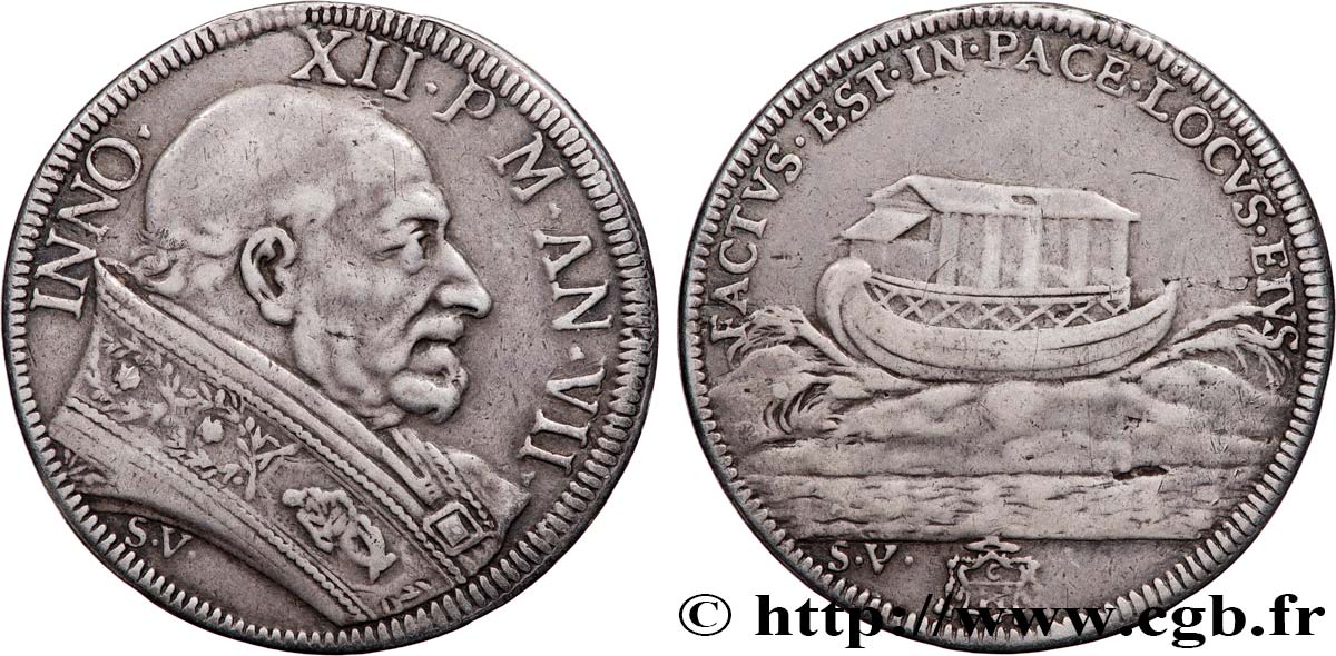 ITALY - PAPAL STATES - INNOCENT XII (Antonio Pignatelli) 1/2 piastre an VII 1697 Rome XF/VF 