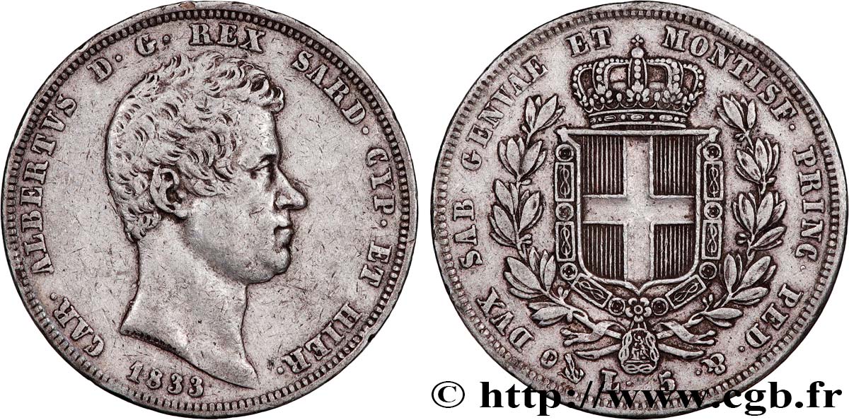 ITALY - KINGDOM OF SARDINIA - CHARLES-ALBERT 5 Lire  1833 Gênes VF 
