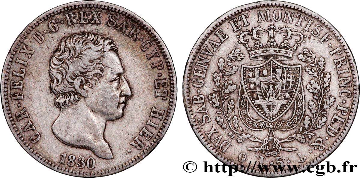 ITALY - KINGDOM OF SARDINIA 5 Lire Charles Félix 1830 Gênes XF 