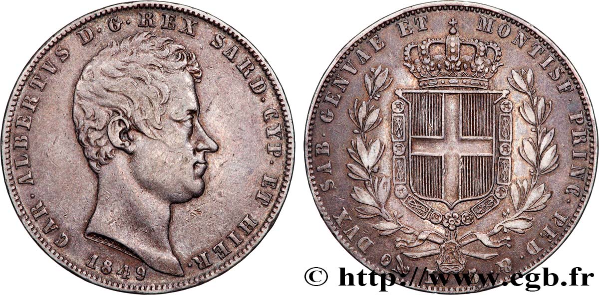 ITALIE - ROYAUME DE SARDAIGNE 5 Lire Charles Albert 1849 Gênes TTB 