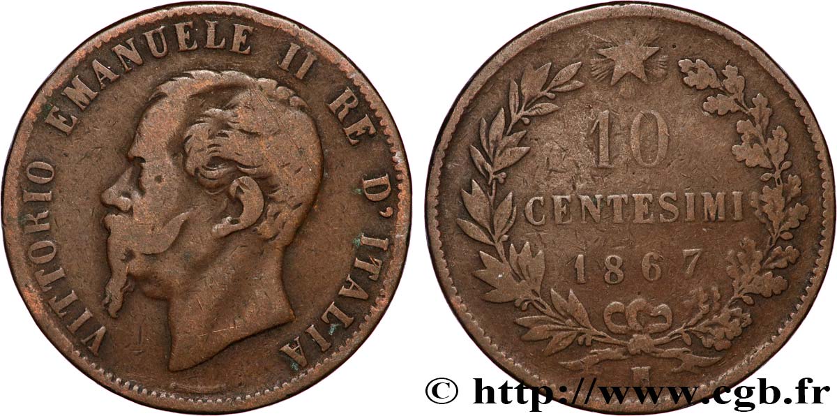 ITALIE 10 Centesimi Victor Emmanuel II 1867 Napoli TB 