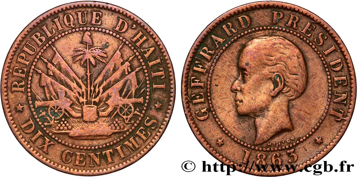 HAITI 10 Centimes président Geffrard 1863 Heaton S 