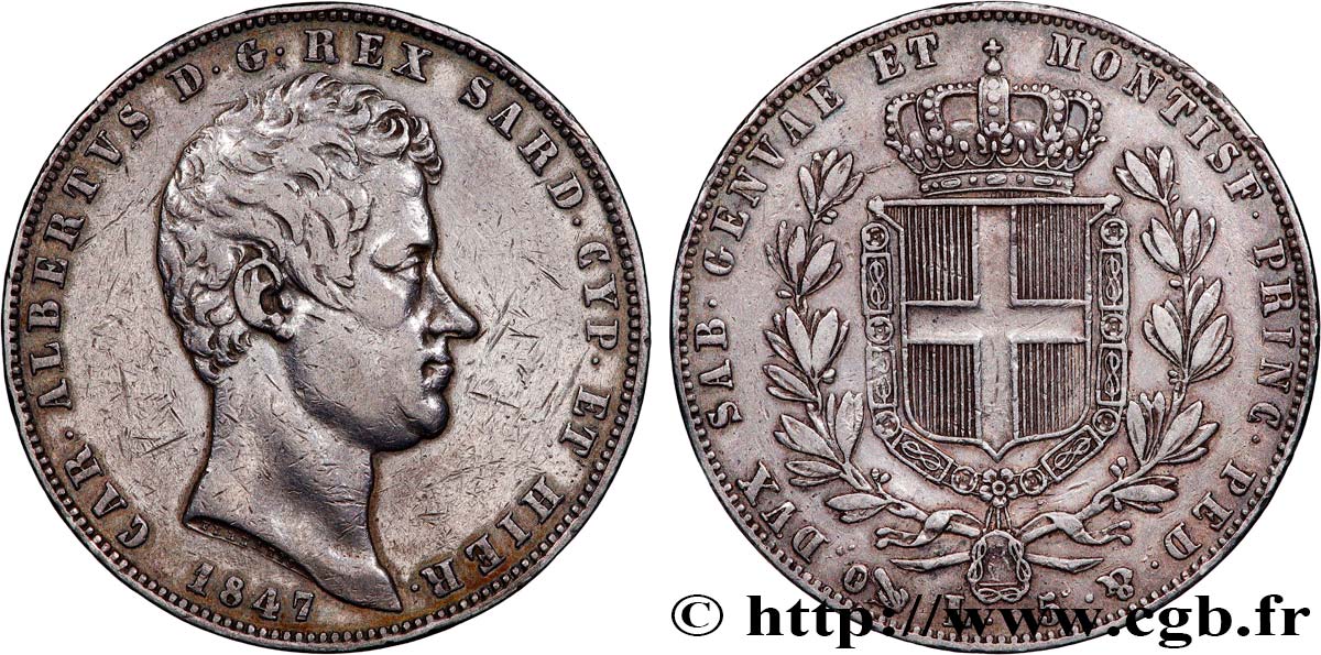 ITALIEN - KÖNIGREICH SARDINIEN 5 Lire Charles Albert 1847 Gênes fSS 