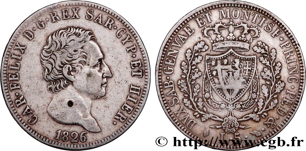 ITALY - KINGDOM OF SARDINIA - CHARLES-FELIX 5 Lire 1826 Turin VF 