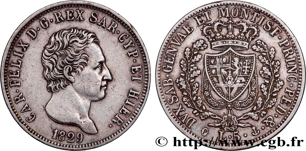 ITALY - KINGDOM OF SARDINIA - CHARLES-FELIX 5 Lire  1829 Gênes XF 