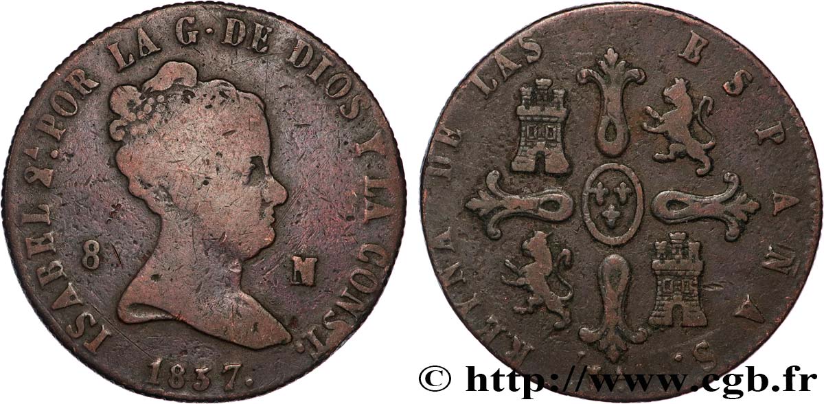 ESPAGNE 8 Maravedis Isabelle II 1837 Jubia TB 