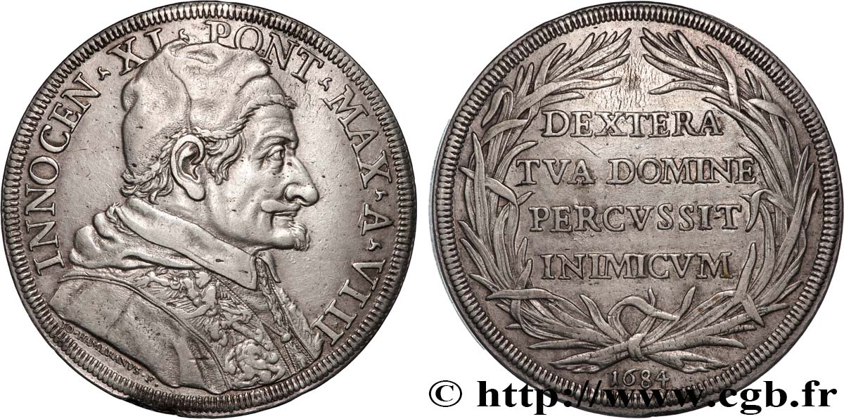 ITALY - PAPAL STATES - INNOCENT XI (Benedetto Odescalchi) 1 Piastre (Scudo de 80 Bolognini) an VIII 1684  XF 