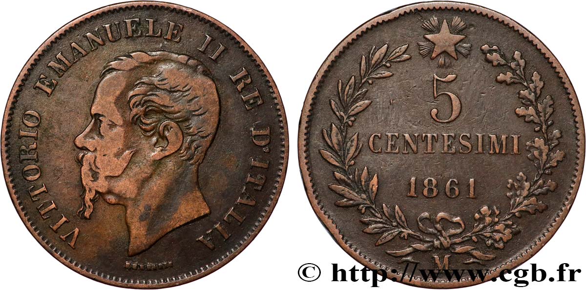 ITALIE 5 Centesimi Victor Emmanuel II 1861 Milan TB+ 