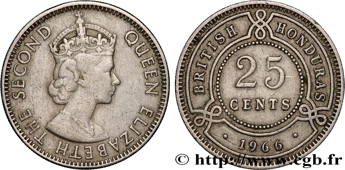 HONDURAS BRITANNIQUE 25 Cents Élisabeth II 1966 Londres TTB 