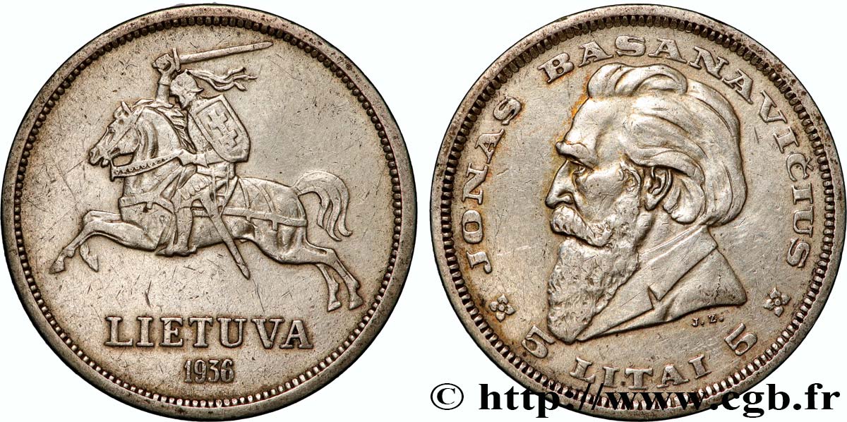 LITUANIE 5 Litai chevalier Vitis / Dr Jonas Basanavicius 1936  TTB 