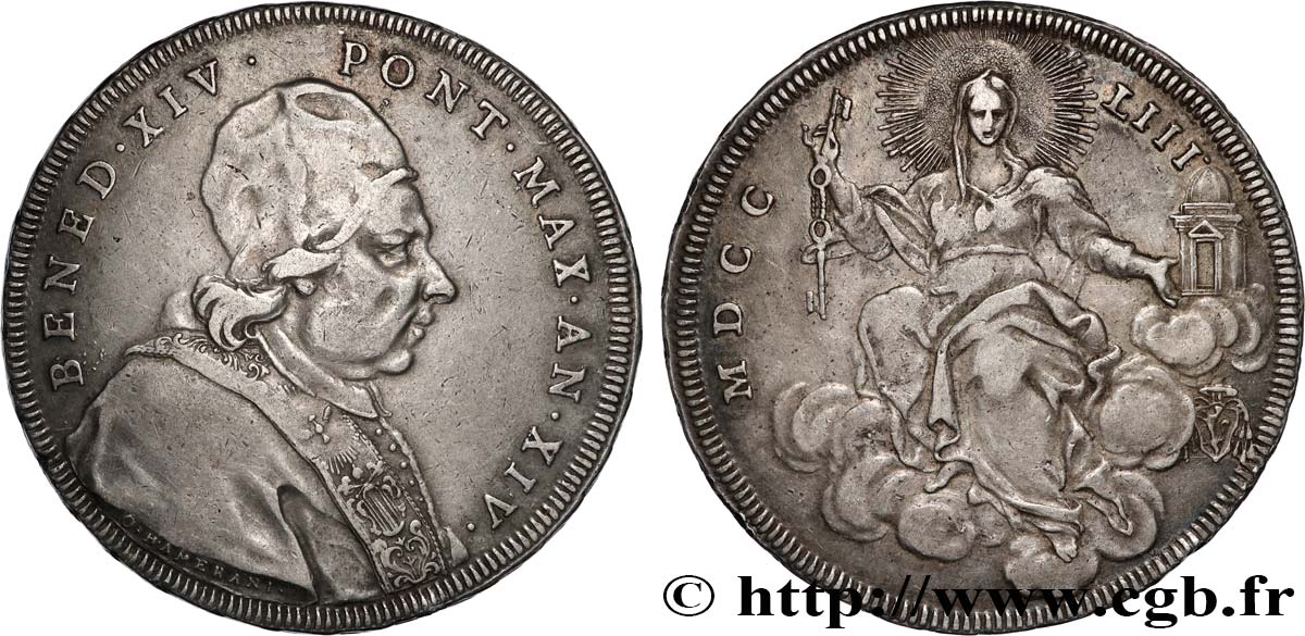 ITALIA - ESTADOS PONTIFICOS - BENEDICTO XIV (Prospero Lambertini) Scudo an XIV 1753 Rome MBC 