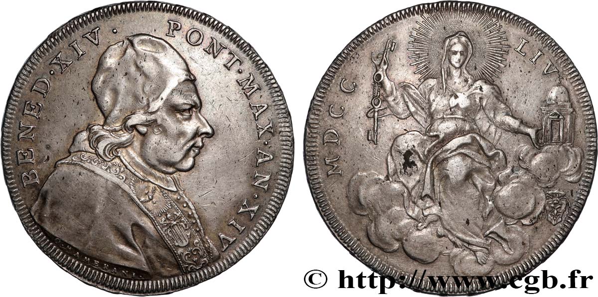 ITALIE - ÉTATS DU PAPE - BENOÎT XIV (Prospero Lambertini) Scudo an XIV 1754 Rome TTB+ 