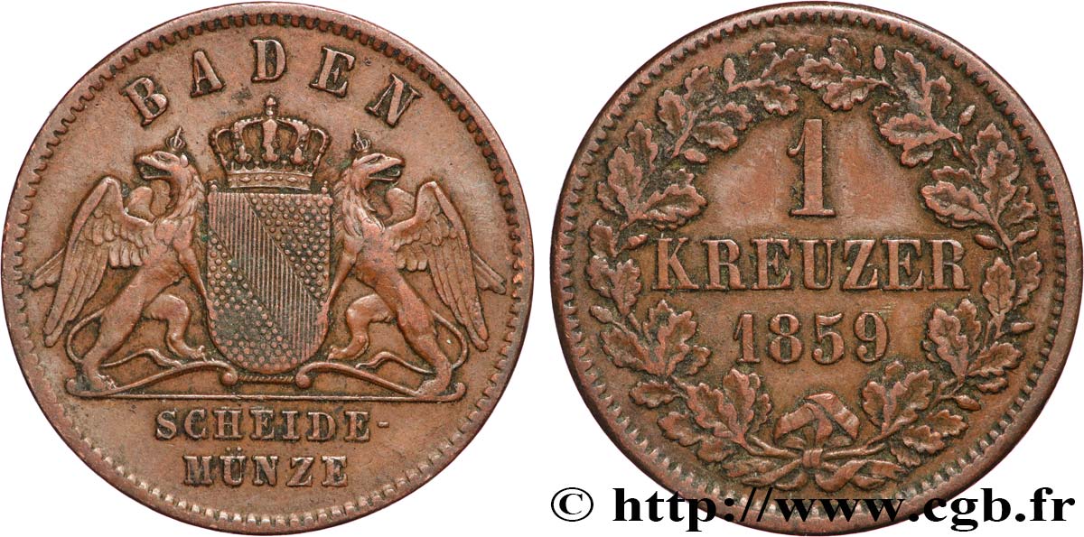 ALLEMAGNE - BADE 1 Kreuzer Grand-Duché de Bade 1859  TTB+ 