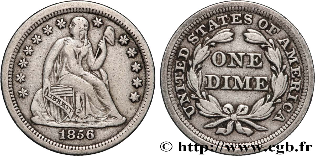 ESTADOS UNIDOS DE AMÉRICA 1 Dime (10 Cents) Liberté assise 1856 Philadelphie MBC 