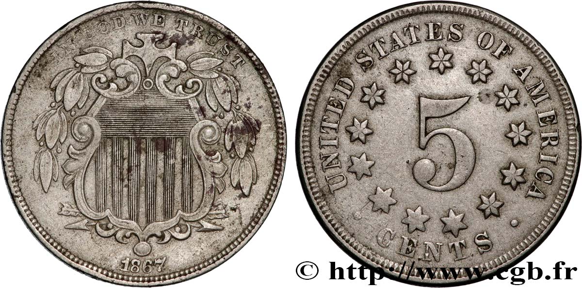 STATI UNITI D AMERICA 5 Cents bouclier variété sans rayons entre les étoiles 1867 Philadelphie q.BB 