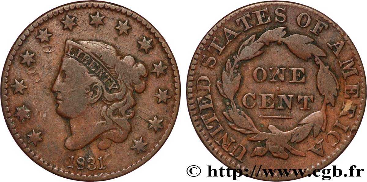 STATI UNITI D AMERICA 1 Cent Liberté “Braided Hair” variété moyennes lettres 1831  MB 