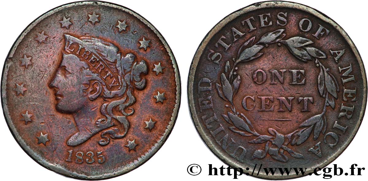 UNITED STATES OF AMERICA 1 Cent Liberté “Matron Head” 1835  VF 