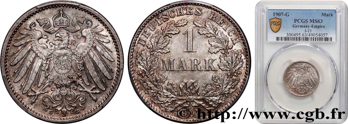 ALEMANIA 1 Mark, 2e type 1907 Karlsruhe SC63 PCGS