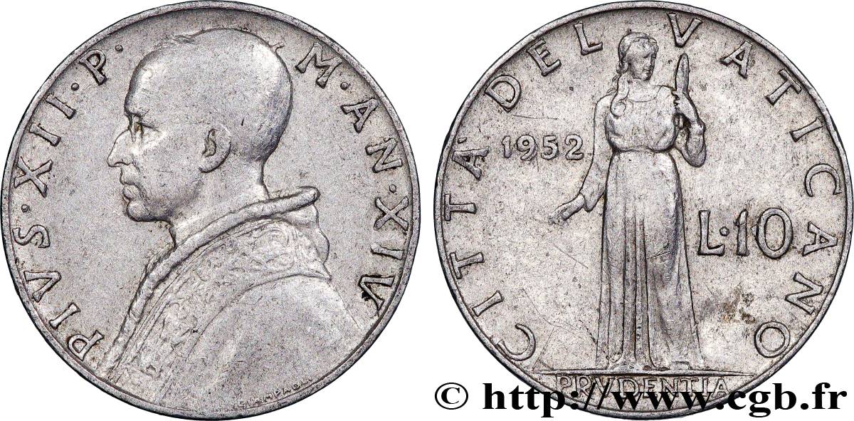 VATICAN ET ÉTATS PONTIFICAUX 10 Lire Pie XII an XIV 1952  TTB 