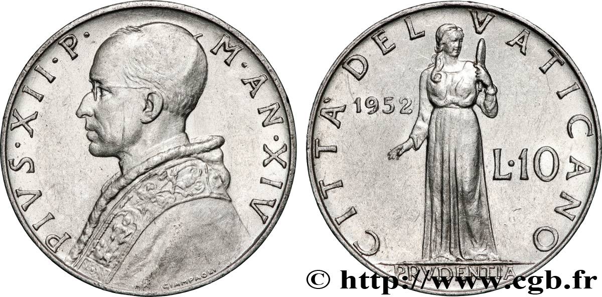 VATICAN AND PAPAL STATES 10 Lire Pie XII an XIV 1952  AU 