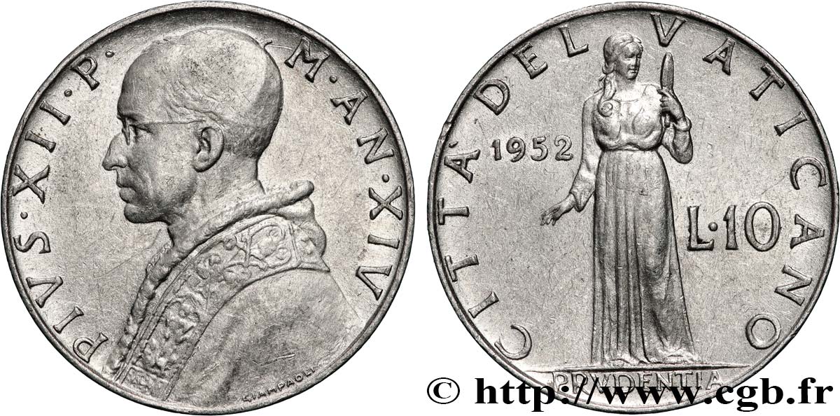 VATICAN ET ÉTATS PONTIFICAUX 10 Lire Pie XII an XIV 1952  TTB+ 
