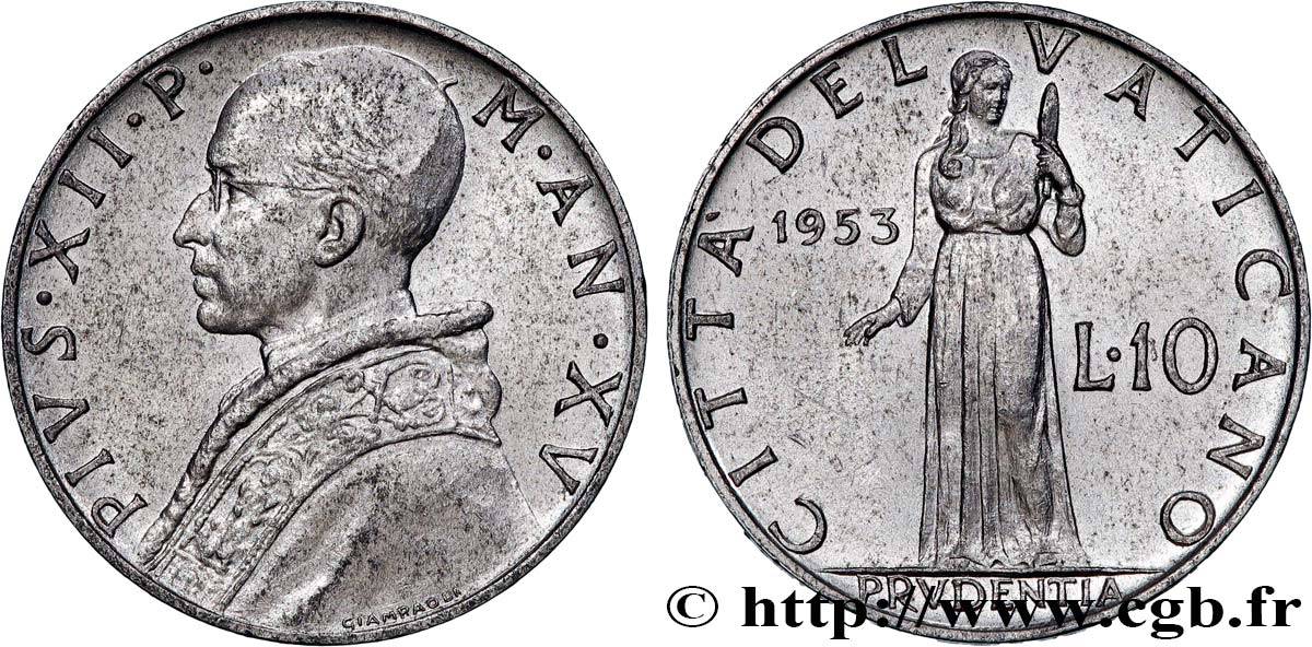 VATICANO E STATO PONTIFICIO 10 Lire Pie XII an XV 1953 Rome q.SPL 
