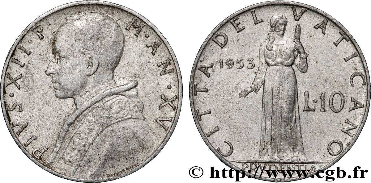 VATICAN AND PAPAL STATES 10 Lire Pie XII an XV 1953 Rome XF 